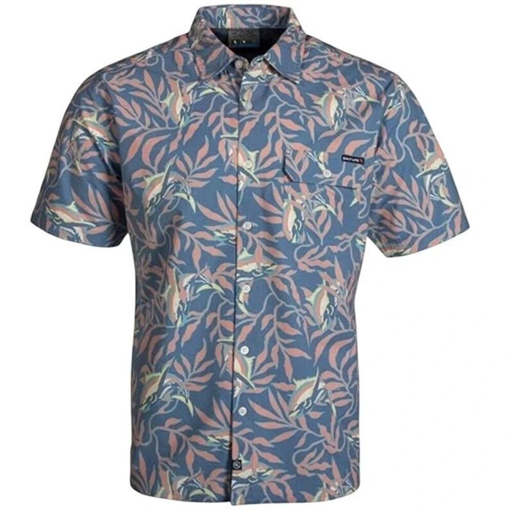 Salt Life Men's Hide N Sea Graphic Print Short-Sleeve Button-Up Shirt Blue Small